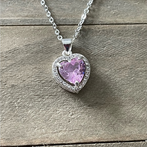 Pink Cubic Zirconia Heart 3 Piece Jewelry Set Pendant Silver Necklace Earrings - Picture 14 of 14